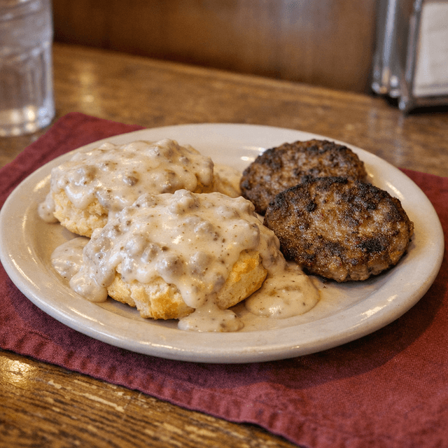 Biscuits and Gravy with bacon, sausage patties, or link