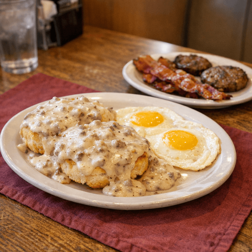 Biscuits and Gravy with Two Eggs and Meat
