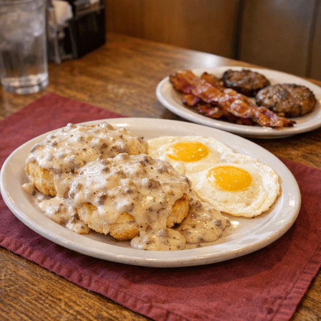 Biscuits and Gravy with Two Eggs and Meat
