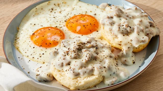 Biscuits and Gravy with Two Eggs